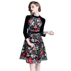 NWT Lai Meng Five Cats High Neck Embroidered Floral Velvet Swing Dress 10